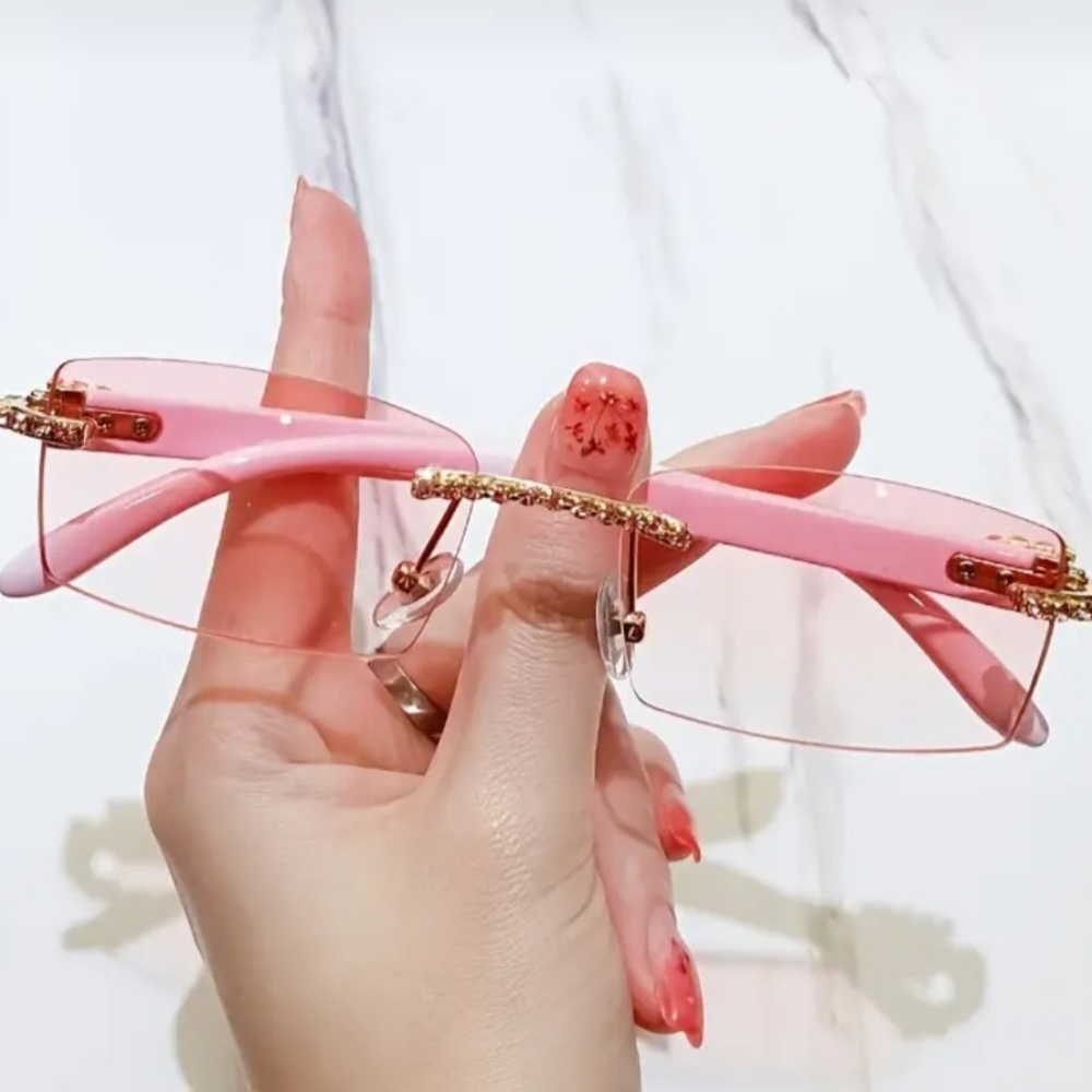 Rimless Rhinestone Luxurious Pink Sunglasses. Womens.
